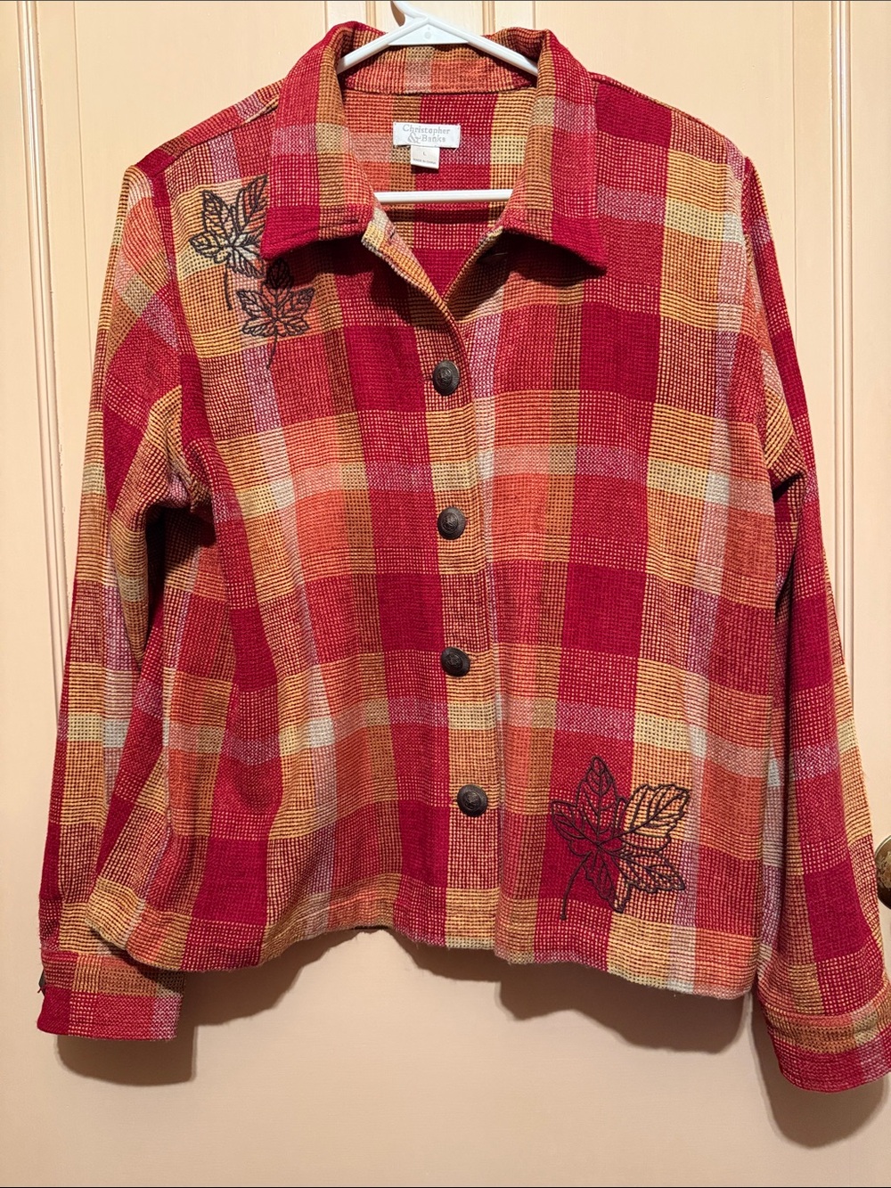Christopher & Banks Vintage Red and Orange Plaid Button-Front Shirt Jacket